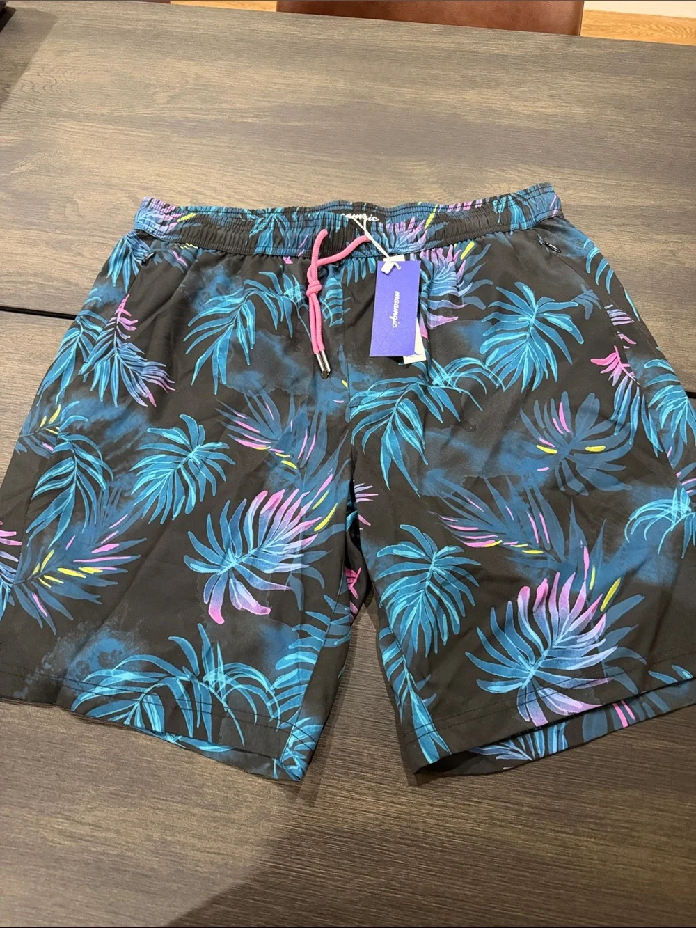 Black Tropical Palm Swim Trunks with Blue & Pink Accents - Unknown Brand